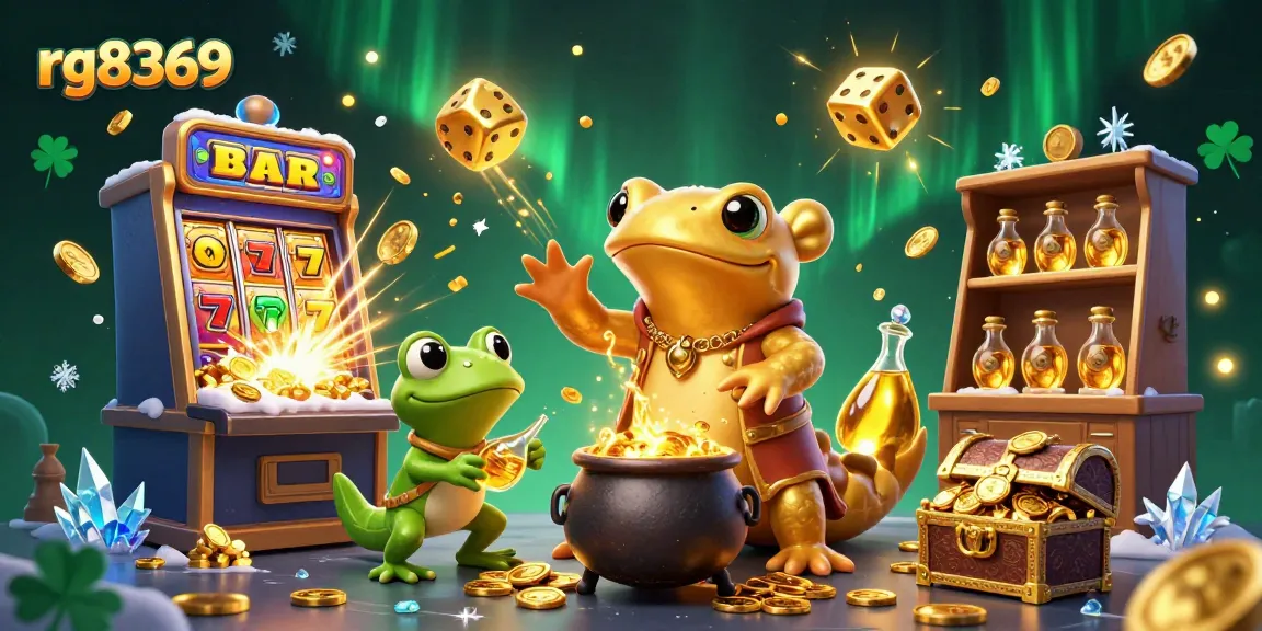 Experience the excitement of rg8369 with cartoon characters around a jackpot slot machine scene.