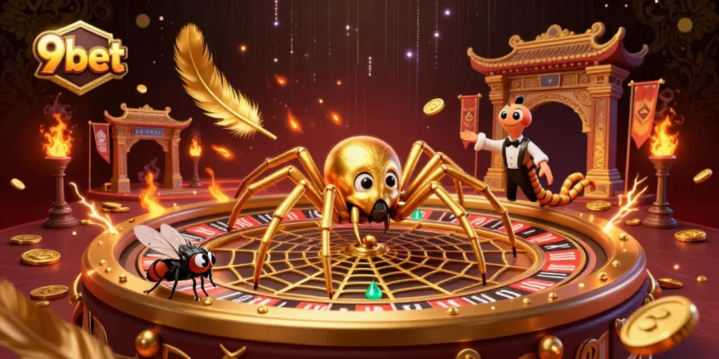 Engage with 9bet in this dynamic casino illustration featuring a spider roulette web and a betting fly.