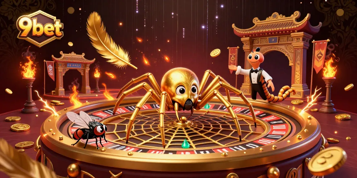 Engage with 9bet in this dynamic casino illustration featuring a spider roulette web and a betting fly.