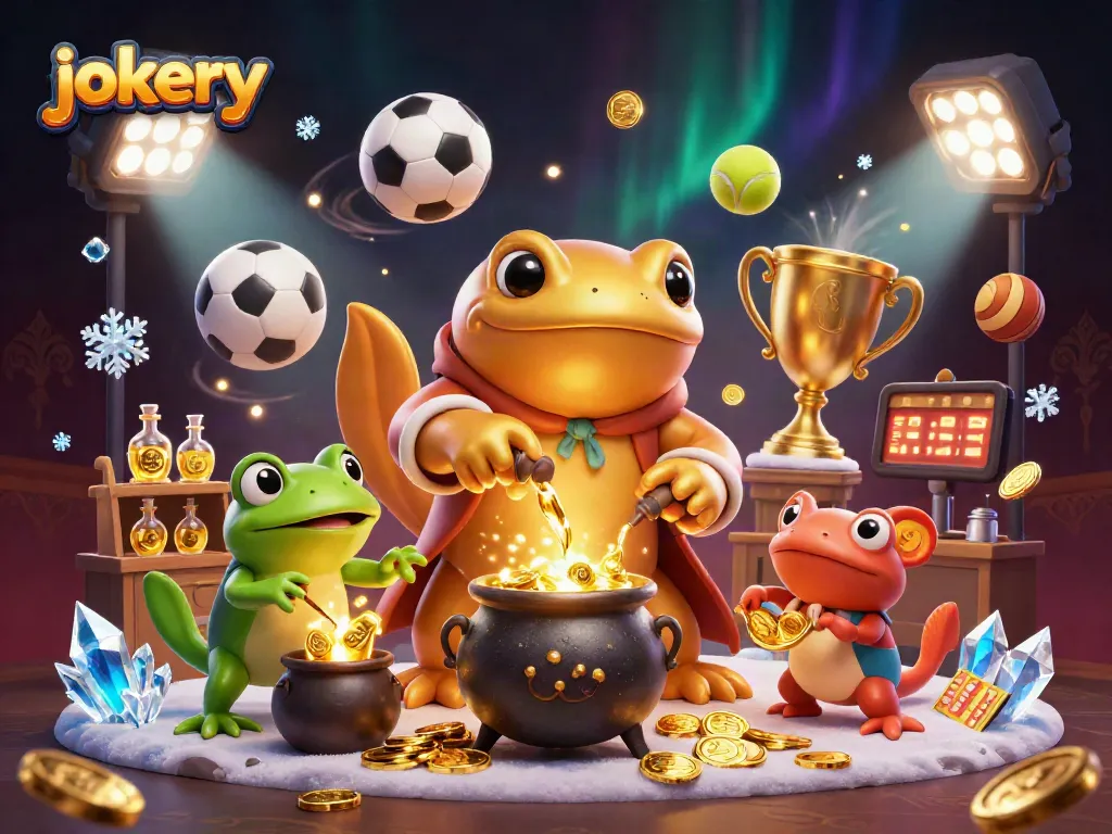 Experience jokery thrills with a golden salamander alchemist and sports elements in a vibrant casino scene.