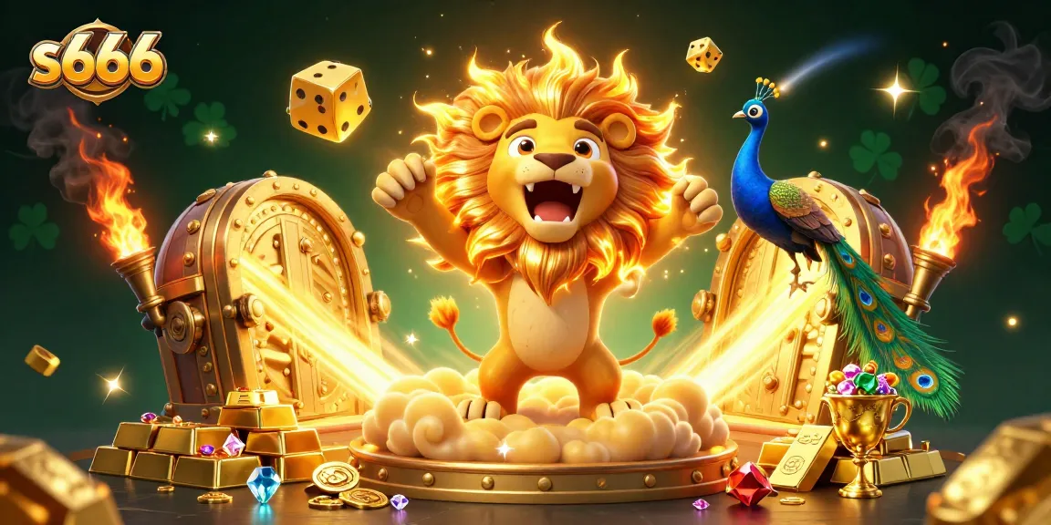 Join the excitement at s666 with a roaring lion and majestic dice in a vibrant casino-themed illustration.