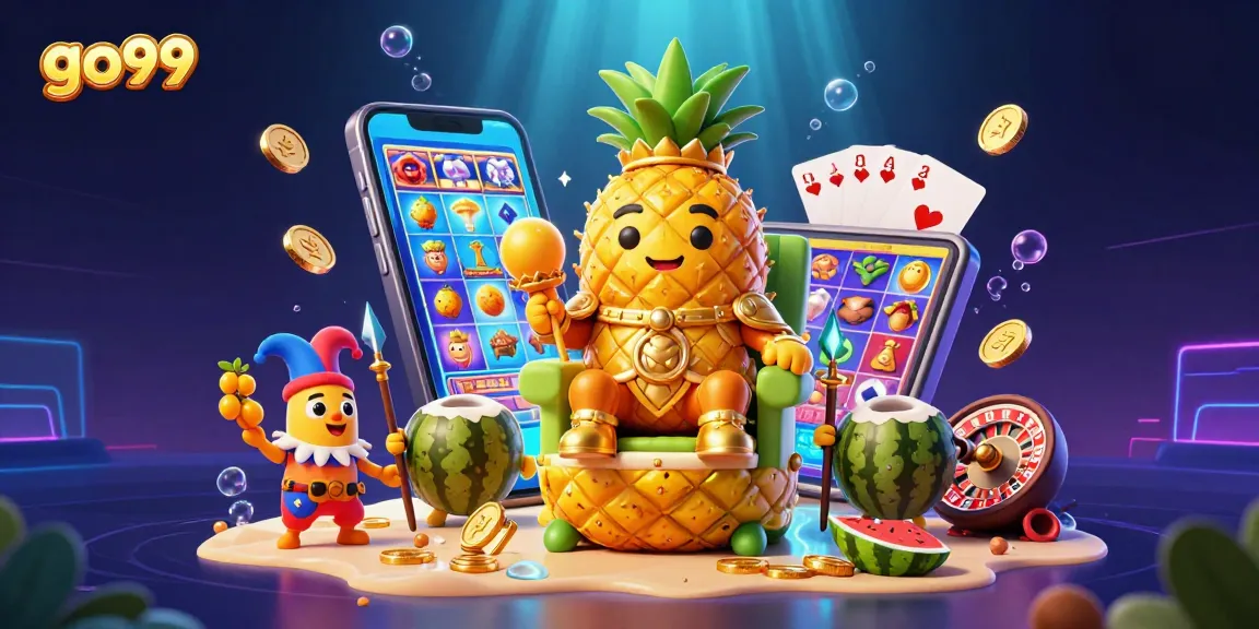 Experience go99's vibrant casino gaming with golden king and rich slot elements in a beach scene.