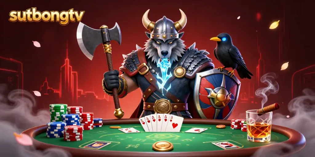 Sutbongtv features a 3D Viking wolf warrior amidst vibrant poker elements, embodying dynamic gambling excitement.