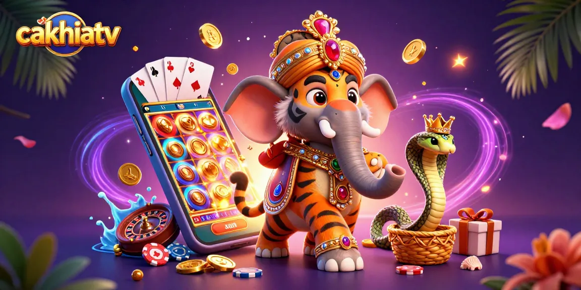 CakhiaTV immerses you in sports betting action with a vibrant scene featuring a 3D maharaja tiger riding an elephant.