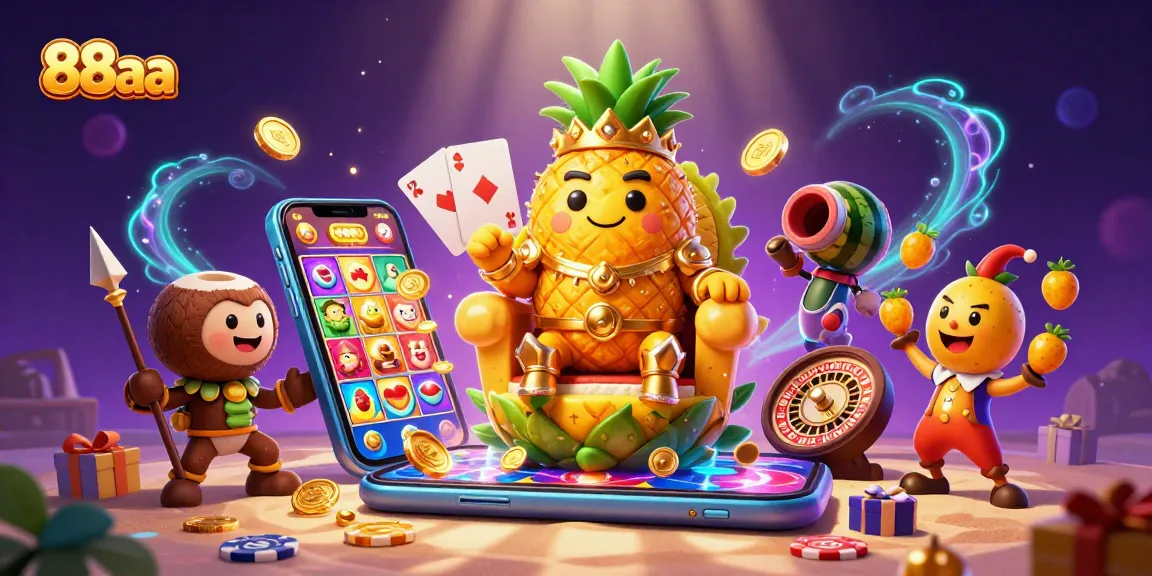 Experience vibrant casino adventure with the 88aa golden pineapple king and playful characters.
