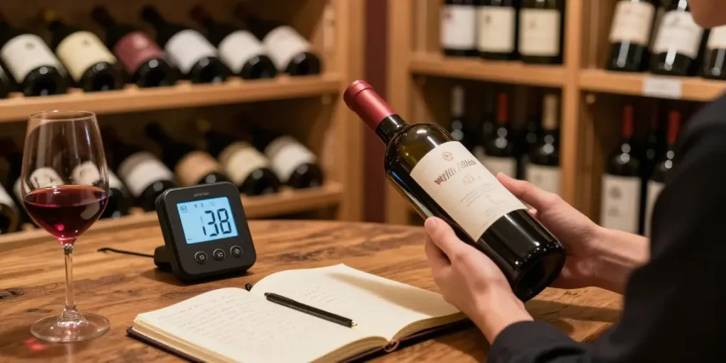 Gemütlicher Weinkeller mit Flasche und Temperaturmessung - Trinkreife Wein im Fokus.