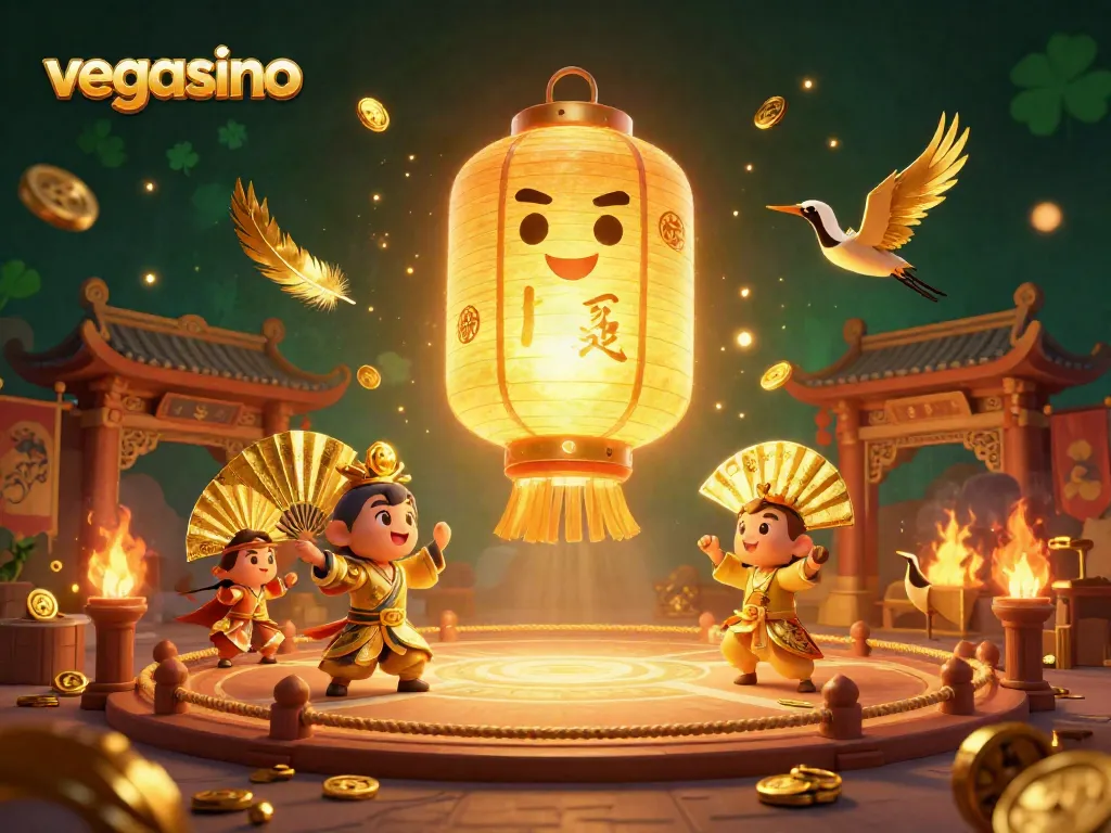 Engage with vegasino's golden lantern spirit in a vibrant casino scene featuring mythical elements.