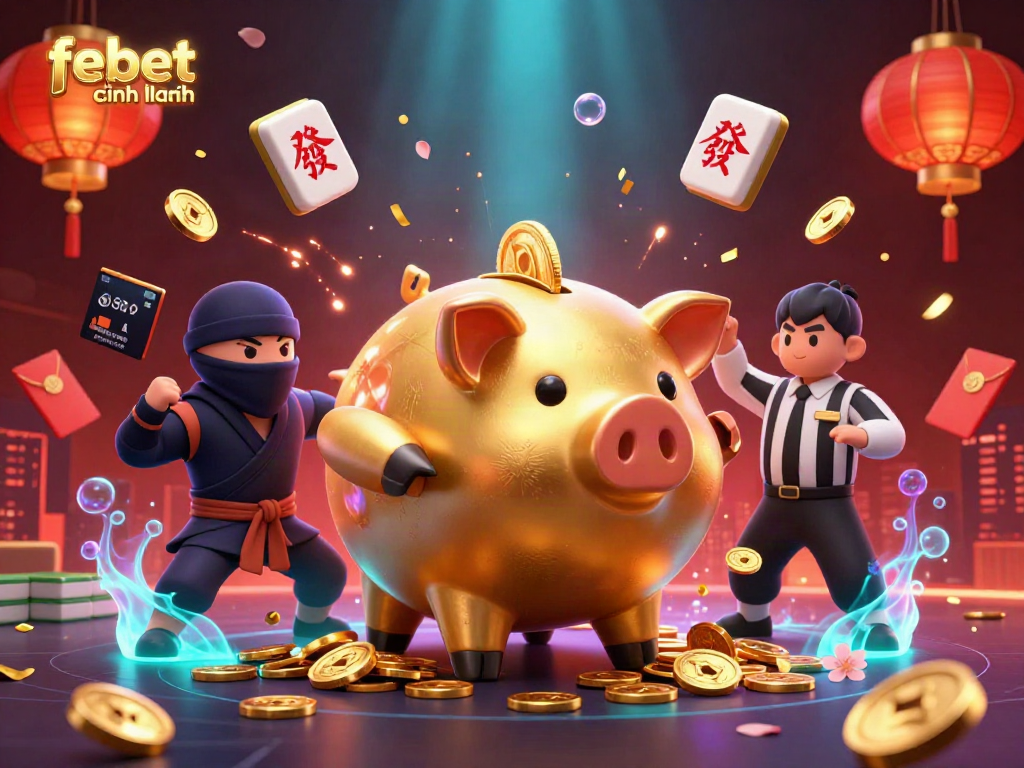 Experience excitement at febet chính hãng with a thrilling 3D casino illustration featuring a piggy bank sumo wrestler and vibrant game elements.