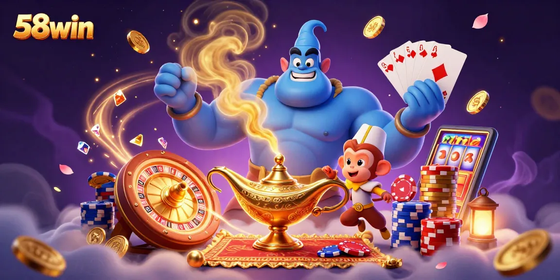 Experience thrilling gameplay at 58win with dynamic casino elements like jackpot reels and poker chips.