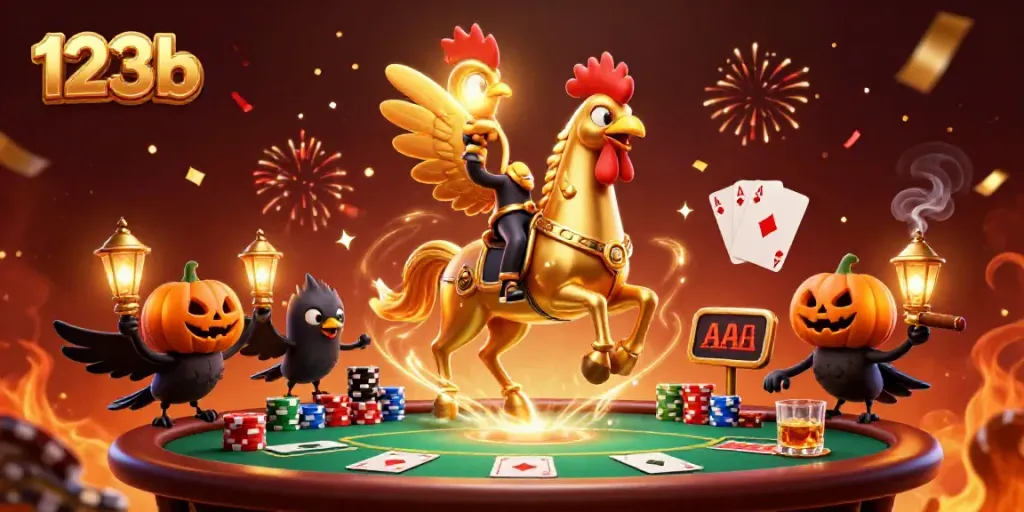 Experience the thrill of 123b with a golden rooster riding a spectral horse in a vibrant casino scene.