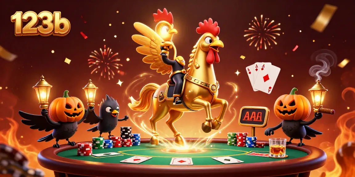 Experience the thrill of 123b with a golden rooster riding a spectral horse in a vibrant casino scene.