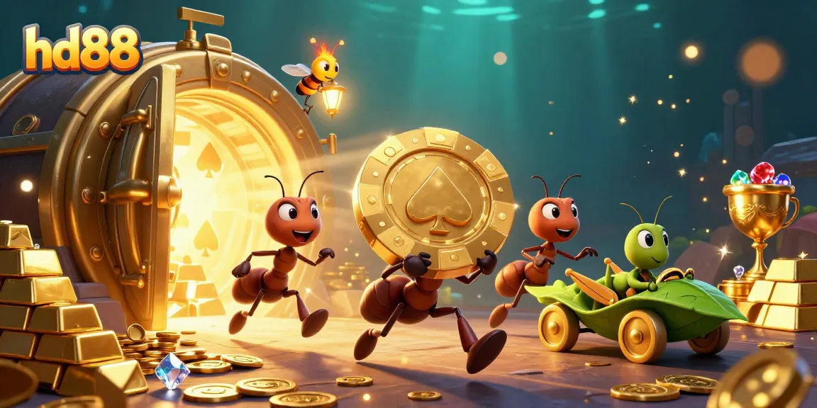 Engage with hd88's thrilling heist scene featuring cartoon ants stealing a massive poker chip.