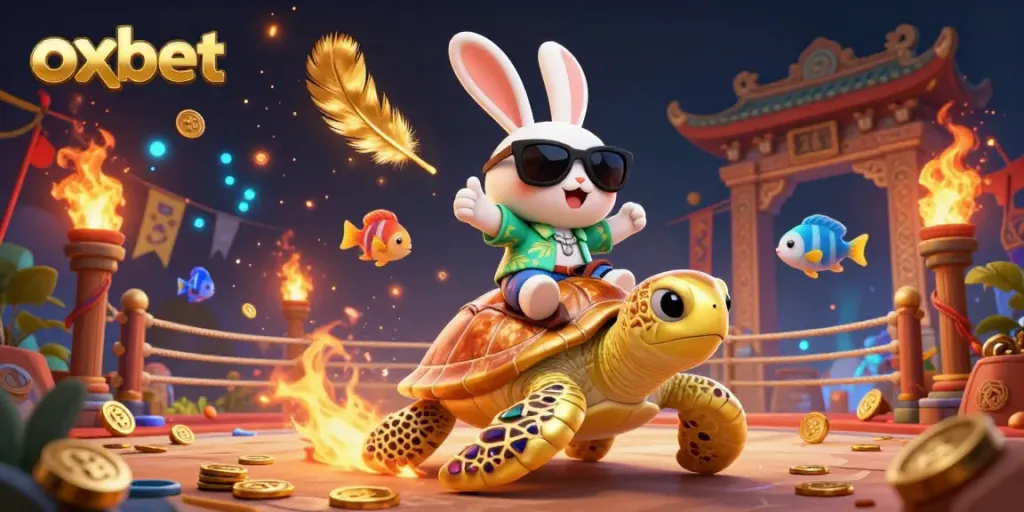 Engage with oxbet for exciting gameplay featuring a lucky rabbit and a golden turtle in a vibrant 3D casino scene.