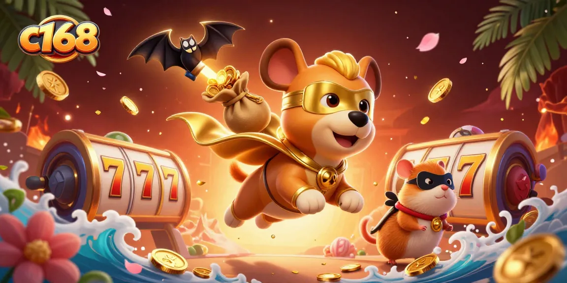 Experience thrilling jackpots at c168, where our superhero dog and hamster chase golden coins among colorful slot reels!