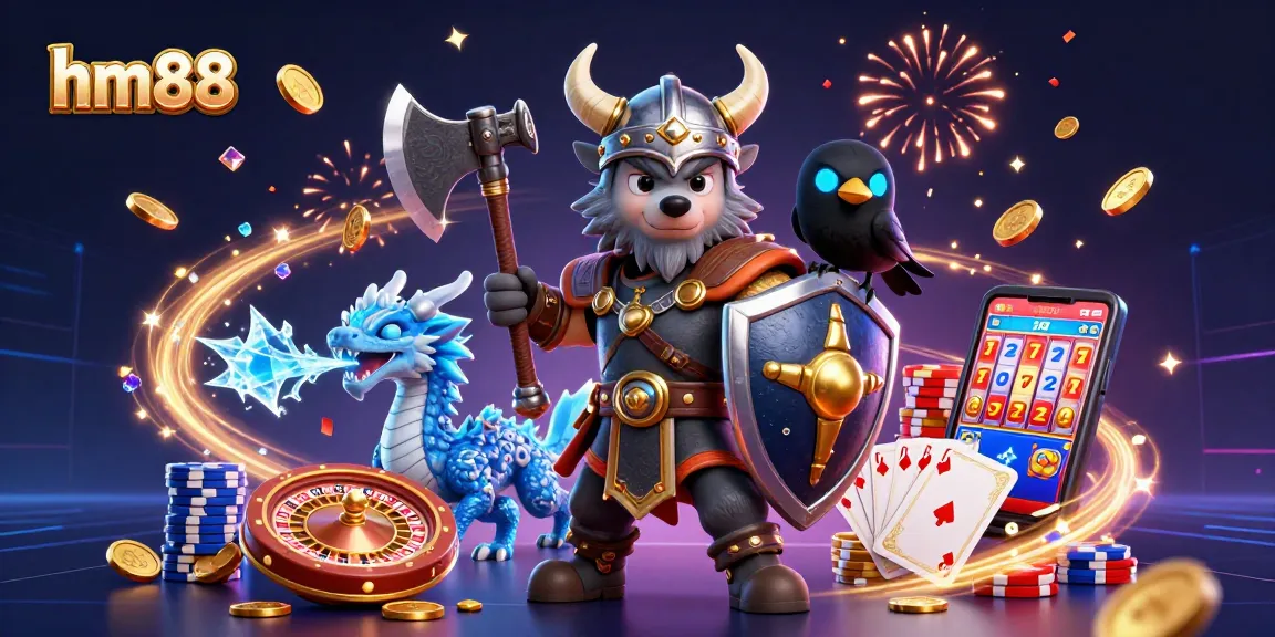 Win big with hm88 at an exciting online casino featuring a Viking warrior and enchanting dragon.