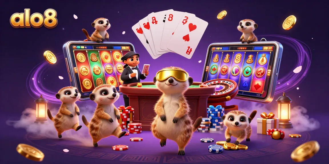 Engage in thrilling gameplay at ALO8 with adorable meerkats running a colorful casino scene.