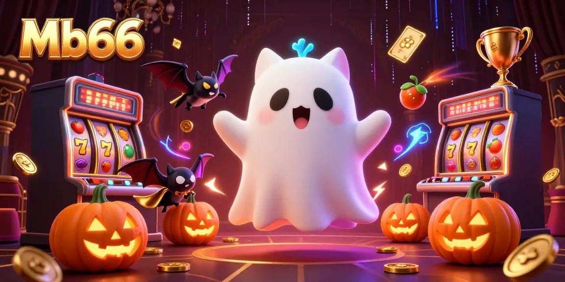 Experience thrilling gameplay at Mb66, where the ghost cat and bat soar through a vibrant haunted casino.