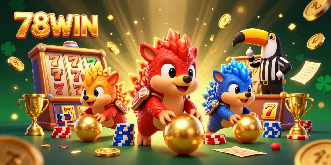 Experience 78WIN's exciting casino atmosphere with vibrant pangolins competing amidst slot reels and golden coins.
