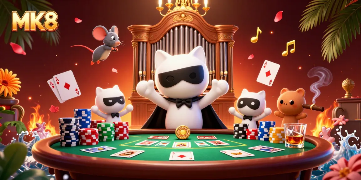 Experience thrilling MK8 casino games with a majestic cat, acrobatic mouse, and vibrant poker elements.