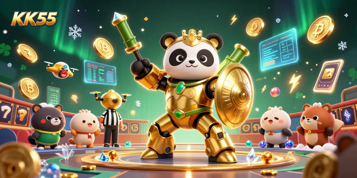 Experience thrilling gameplay at KK55 with a dynamic 3D illustration of a golden panda in a casino showdown.