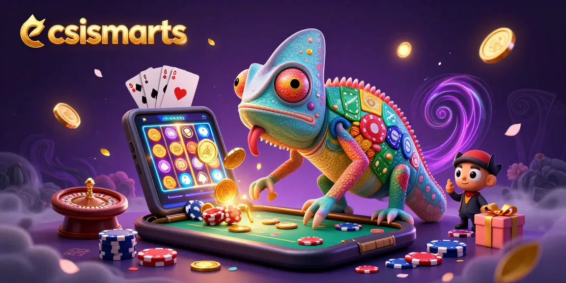 Engage with csismarts casino adventure featuring a lively chameleon owner and vibrant game elements.