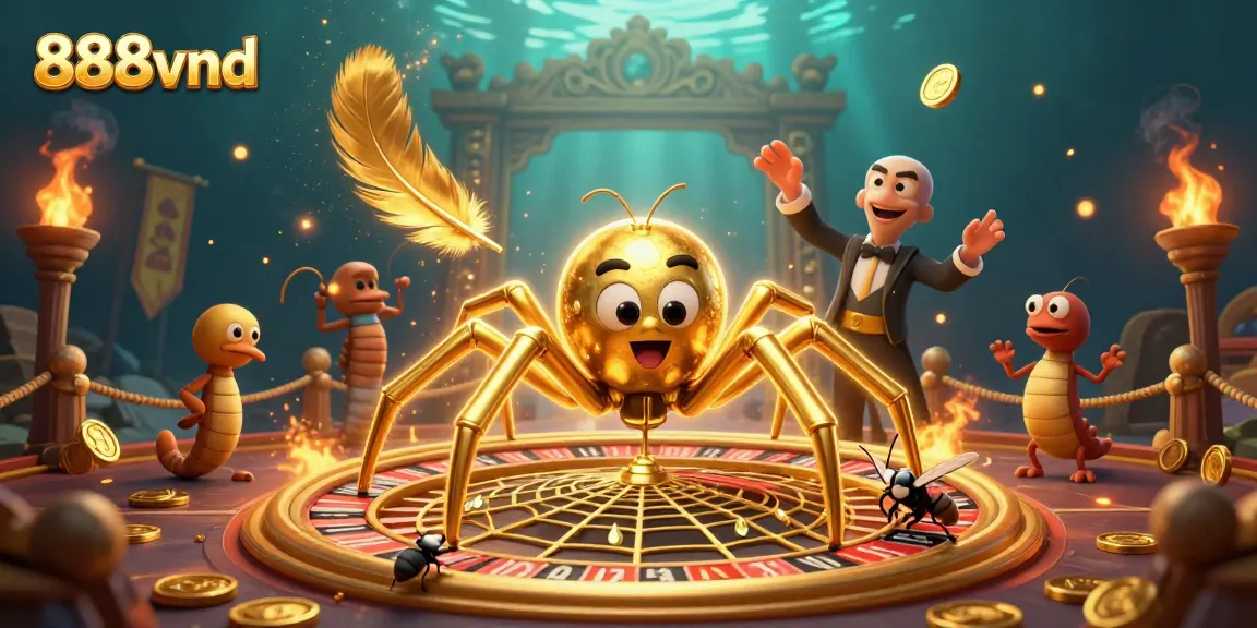 Engage with 888vnd's thrilling casino experience, featuring a roulette wheel spun by a golden spider and croupier centipede.