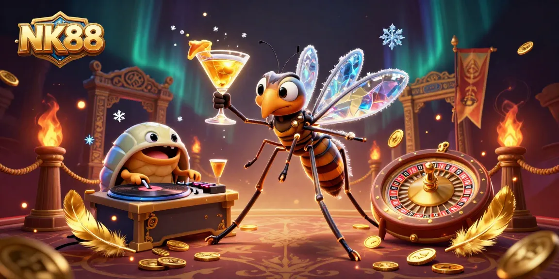 Win big with NK88 at an exciting casino scene featuring a vibrant 3D character lineup.