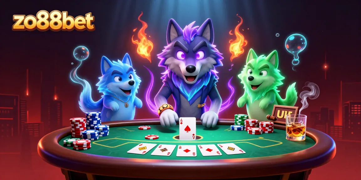 Win big with the exciting scene of zo88bet's poker game featuring vibrant spectral wolves.