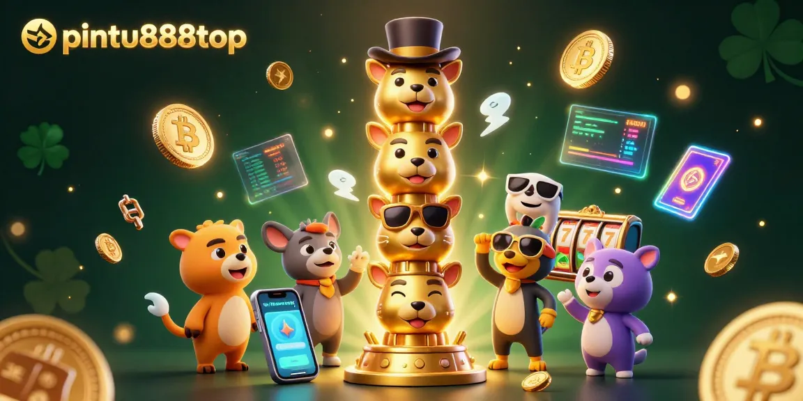 Play exciting games at pintu888top, illustrated in a vibrant, casino-themed 3D scene filled with animated characters.