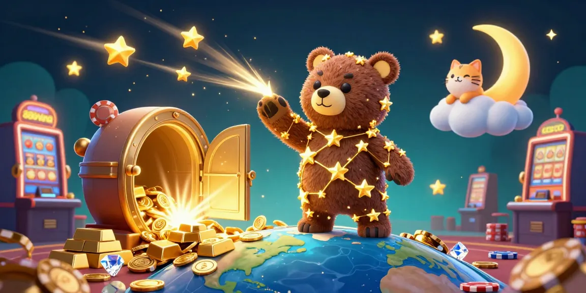 Engage with 888vina in a vibrant casino scene featuring a constellation bear scooping up coins alongside dynamic elements.