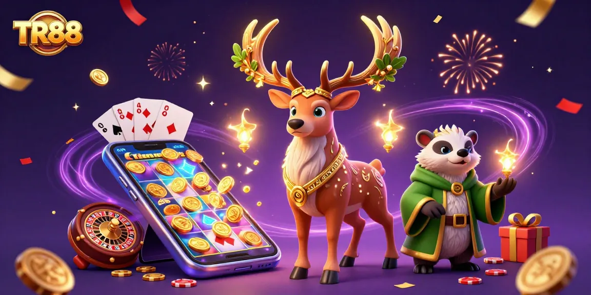 Engage with TR88's vibrant 3D casino scene showcasing dynamic gaming elements and energetic characters.