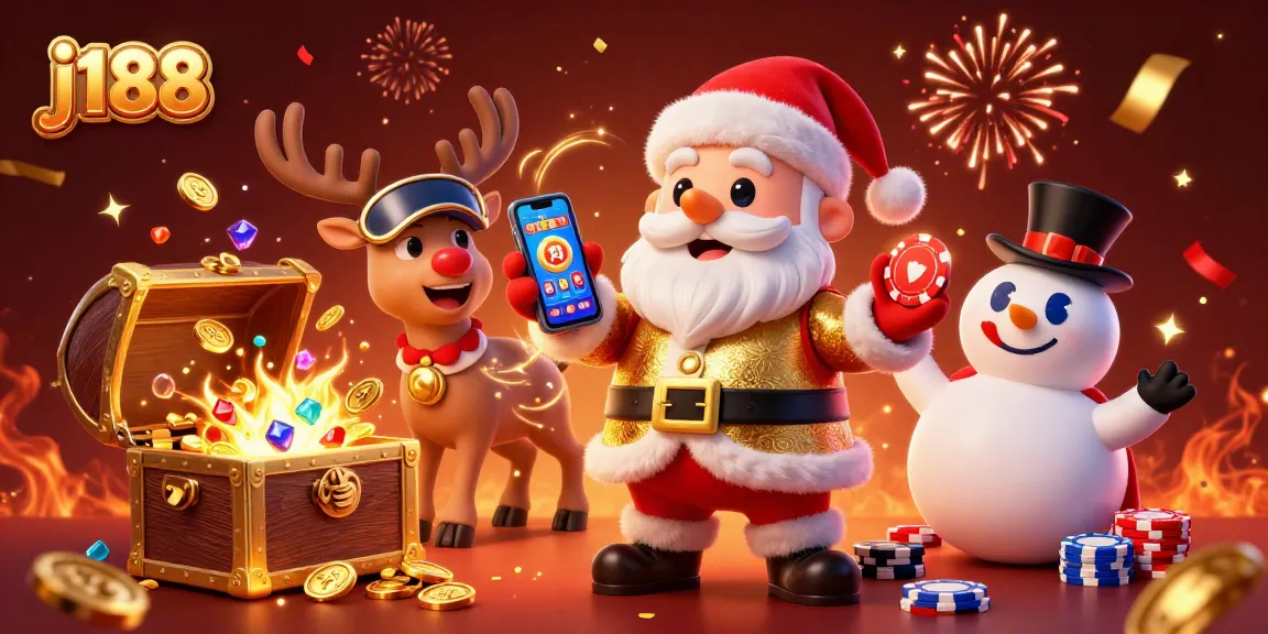 Celebrate wins with j188 in a vibrant casino scene featuring Santa and exciting game elements.