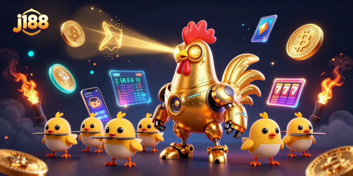 Engage with j188's captivating scene featuring a retro-futuristic rooster robot and crypto-inspired elements.