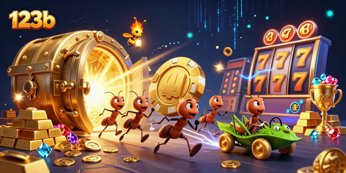 123b ants heist illustration featuring a golden poker chip, vibrant casino elements, and dynamic action.
