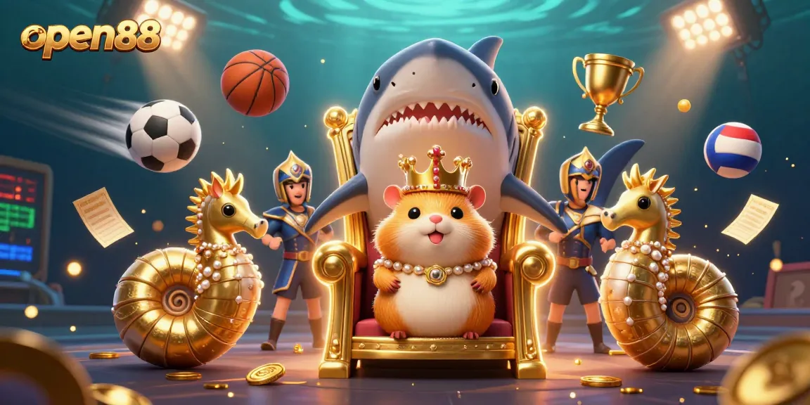 Experience open88 with a majestic golden hamster king on a megalodon throne amidst vibrant sports elements.