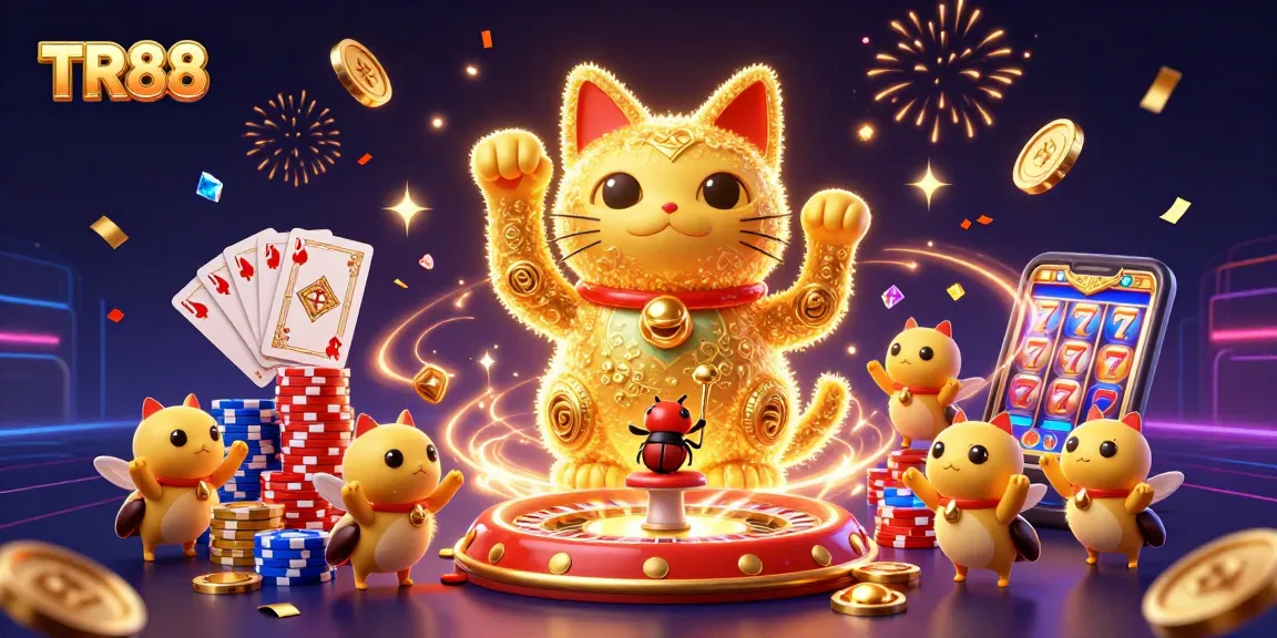 Play and win big at TR88 with fantastic 3D casino illustration featuring a lucky cat and vibrant game elements.